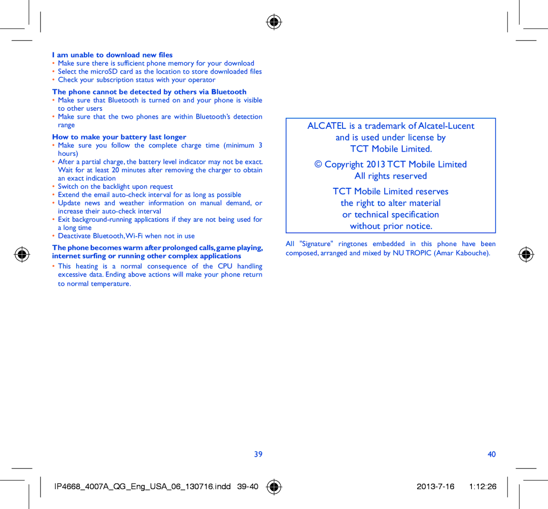 Alcatel 4007A manual Am unable to download new files, Phone cannot be detected by others via Bluetooth 