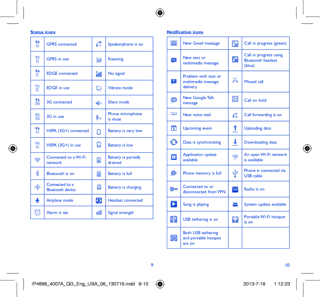 Alcatel 4007A manual Status icons, Notification icons 