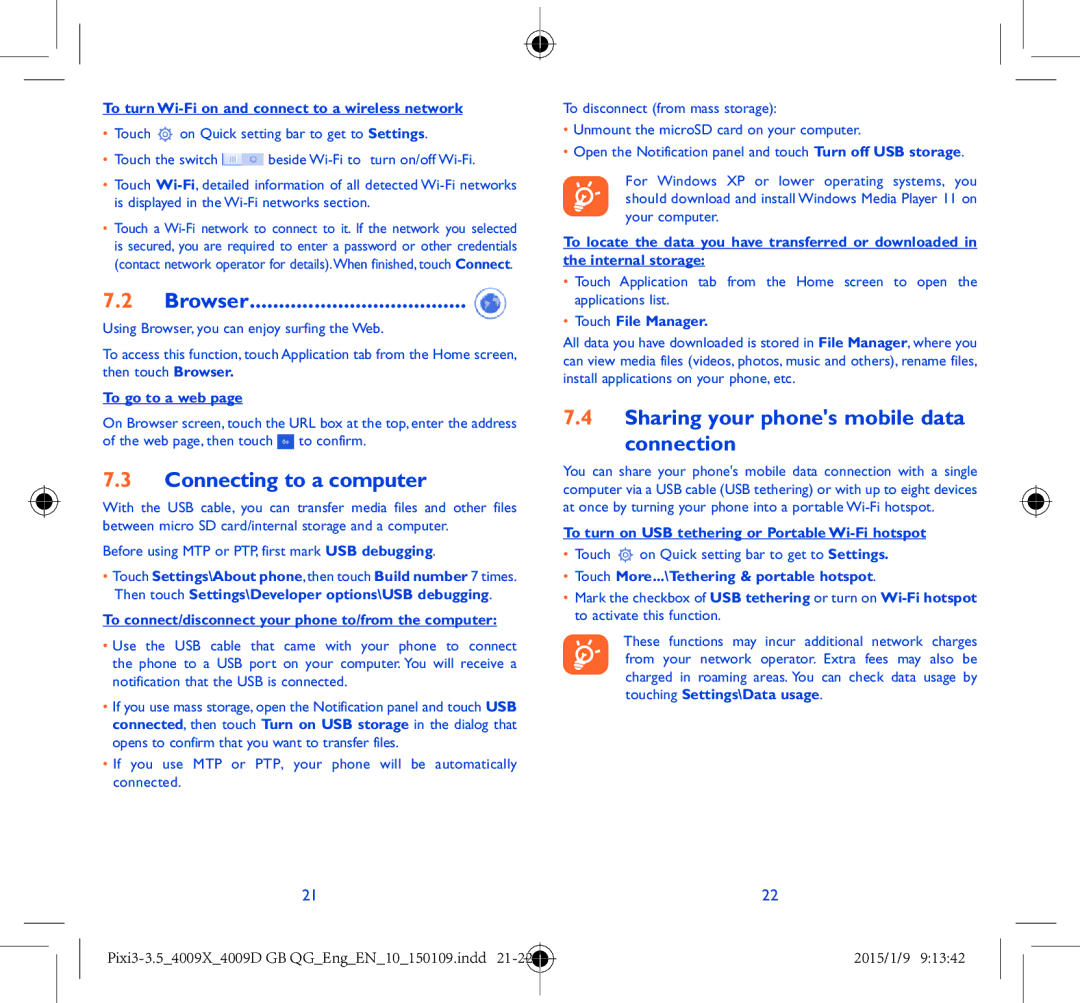 Alcatel 4009X manual Browser, Connecting to a computer, Sharing your phones mobile data Connection 