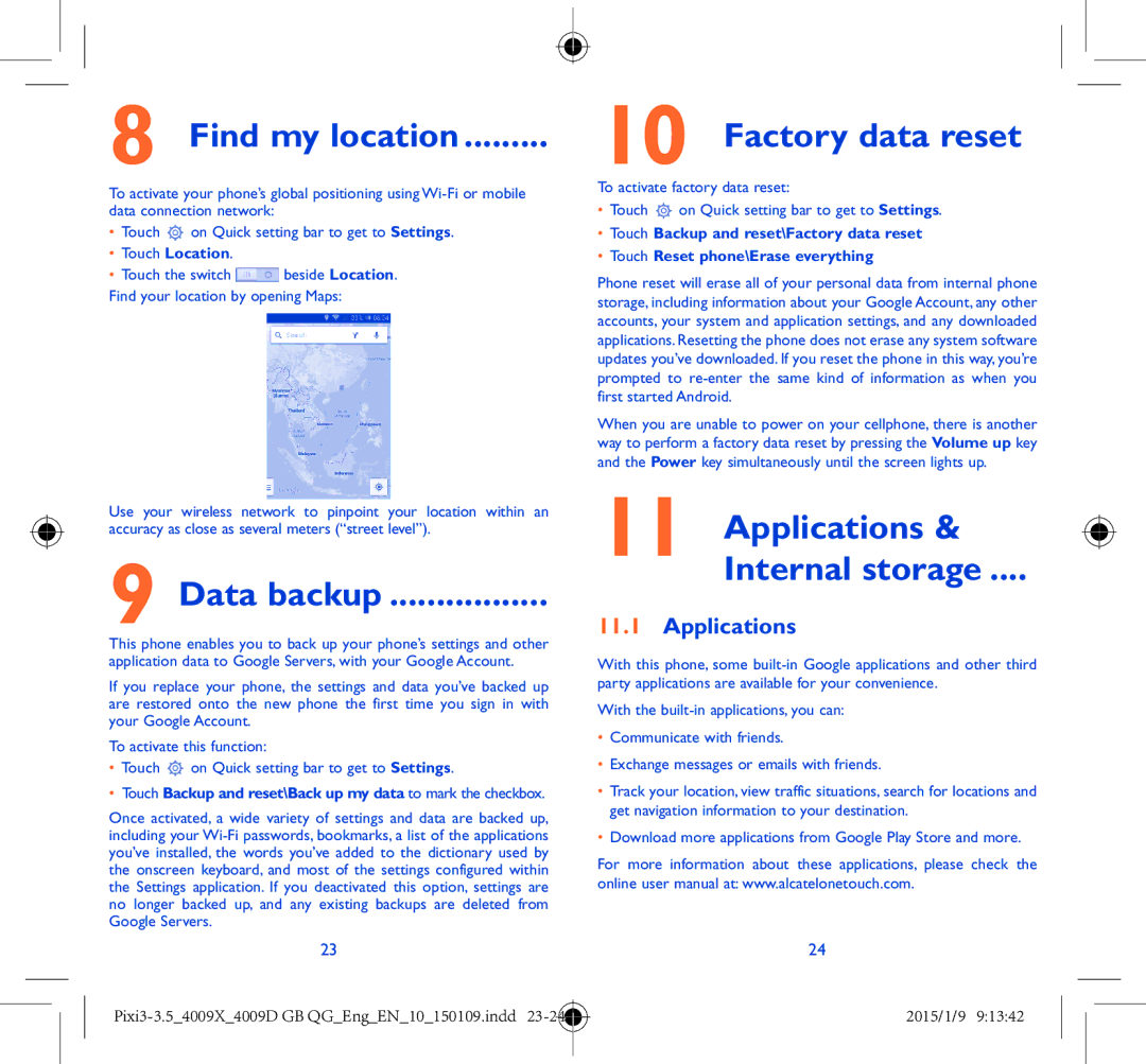 Alcatel 4009X manual Find my location, Data backup, Factory data reset, Applications Internal storage 