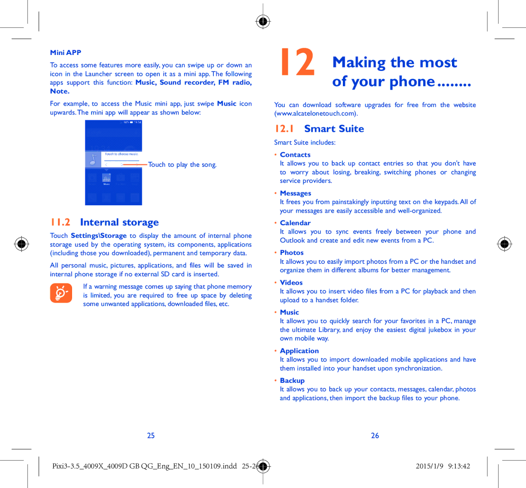 Alcatel 4009X manual Making the most Your phone, Internal storage, Smart Suite 