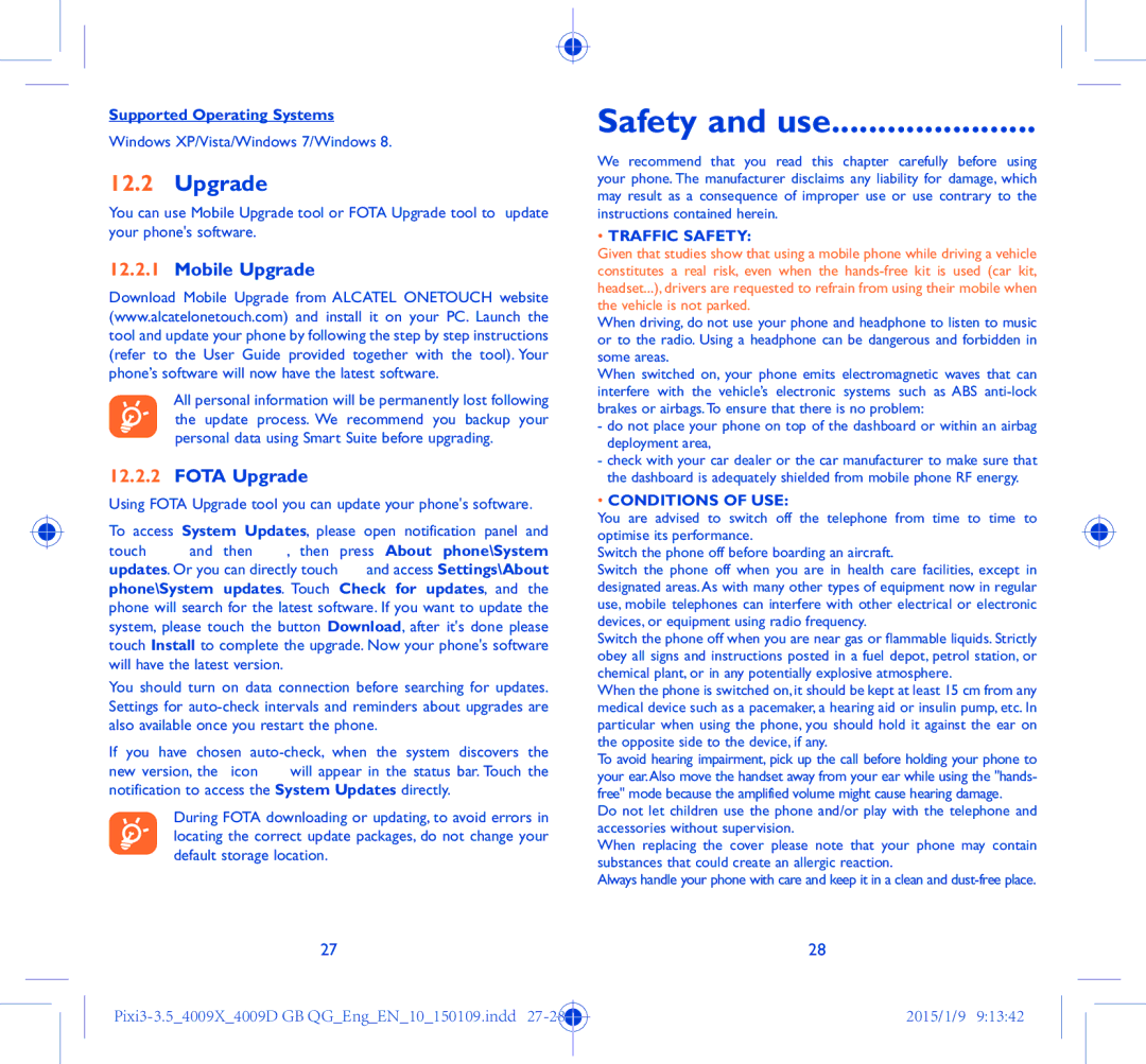 Alcatel 4009X manual Safety and use, Mobile Upgrade, Fota Upgrade 