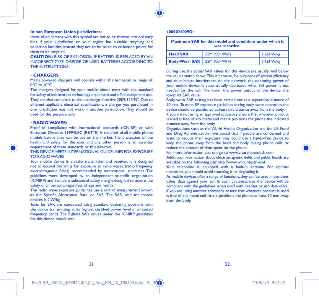 Alcatel 4009X manual Non European Union jurisdictions, Chargers, Radio Waves, Body-Worn SAR 