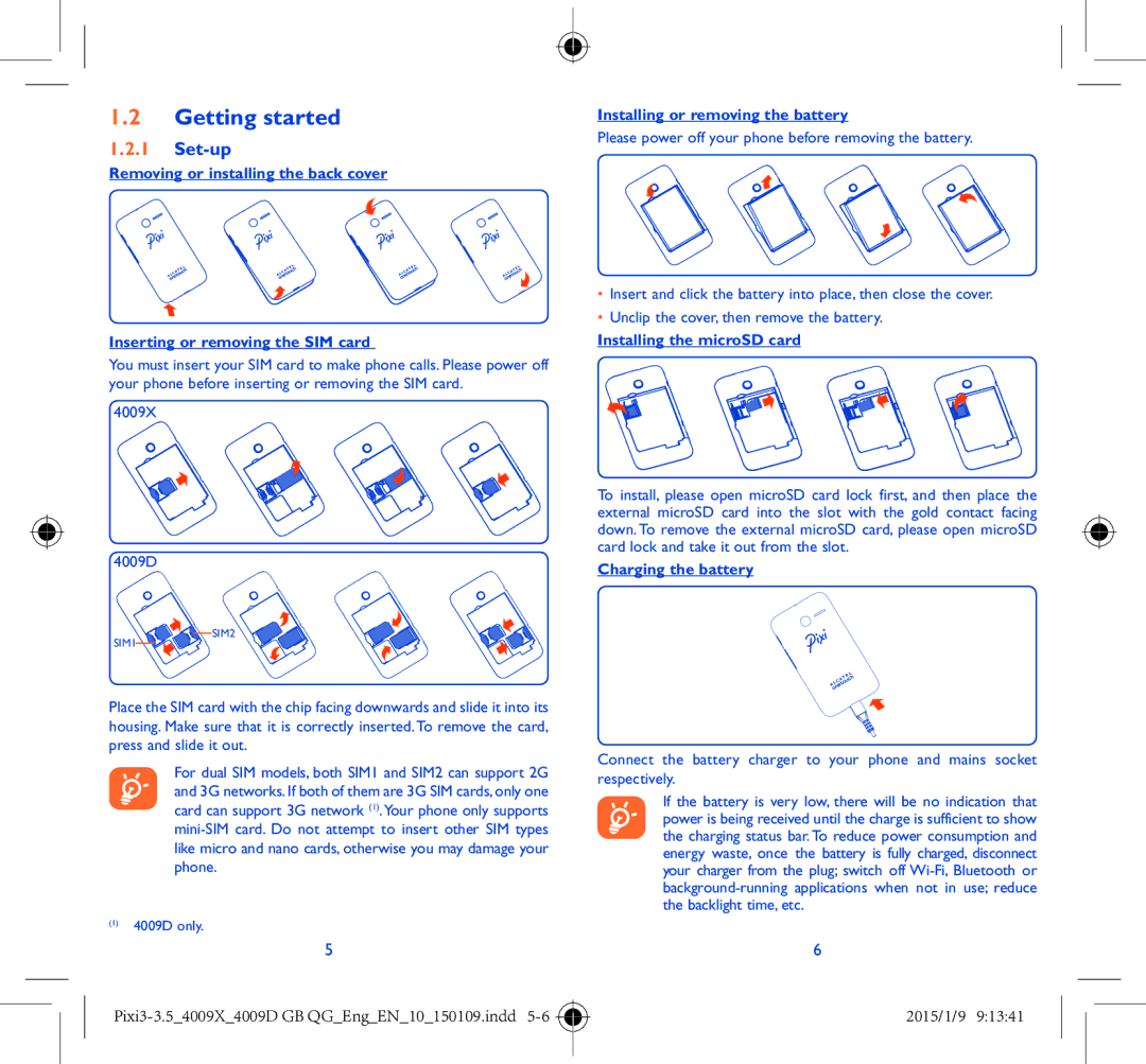 Alcatel 4009X manual Getting started, Set-up, Installing or removing the battery, Installing the microSD card 