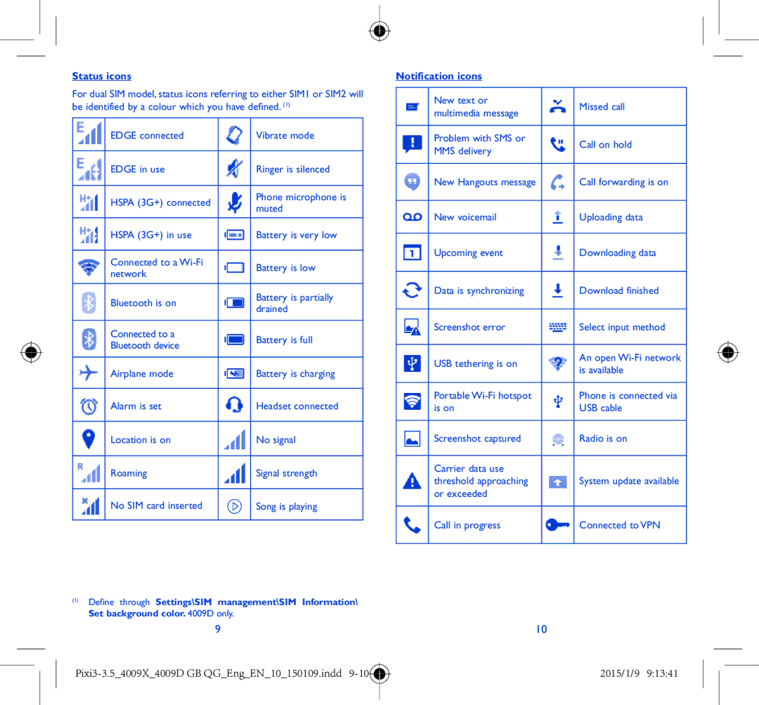 Alcatel 4009X manual Status icons 