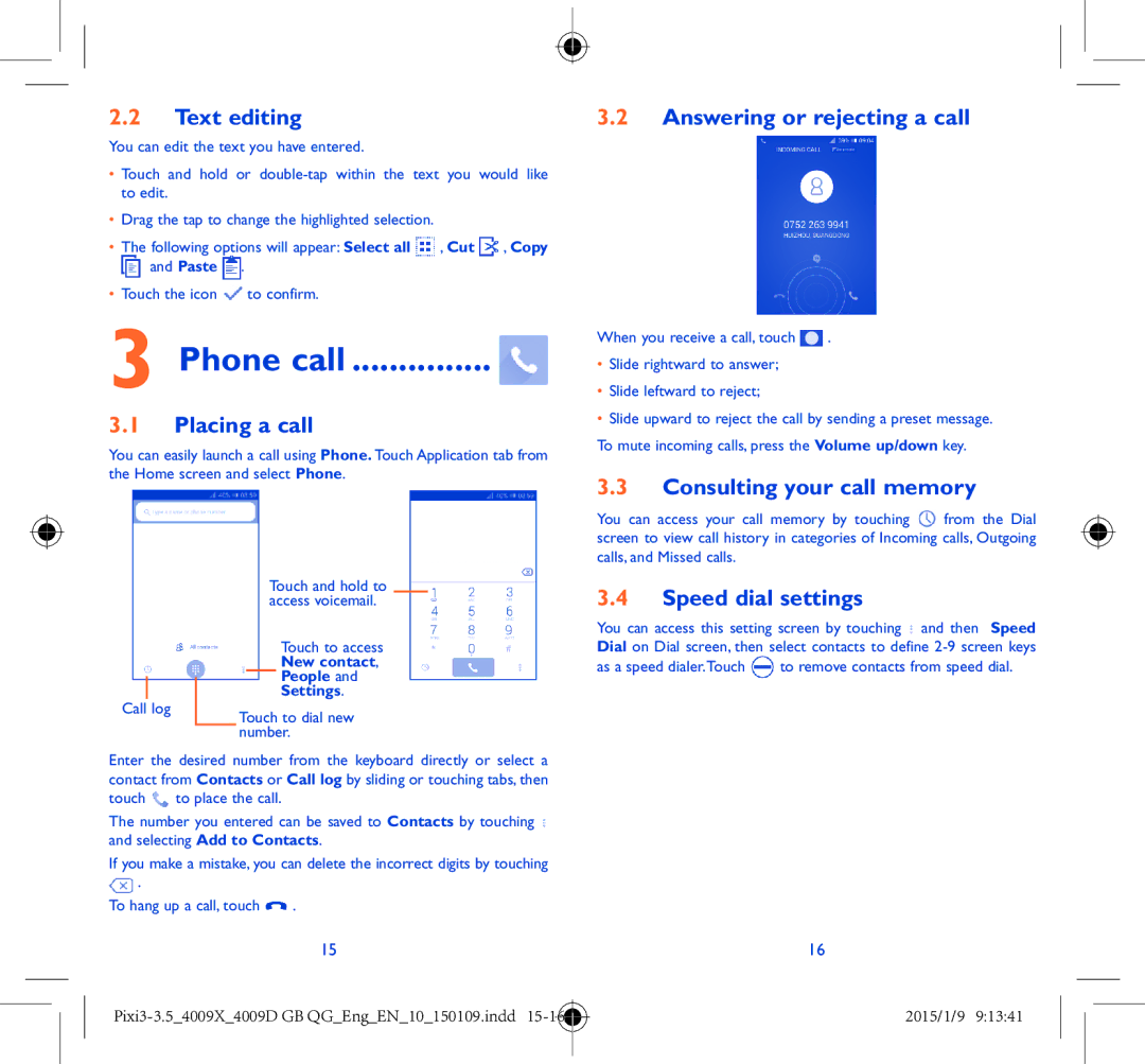 Alcatel 4009X manual Phone call 