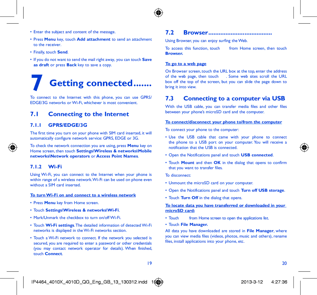 Alcatel 4010D manual Getting connected, Connecting to the Internet, Browser, Connecting to a computer via USB 