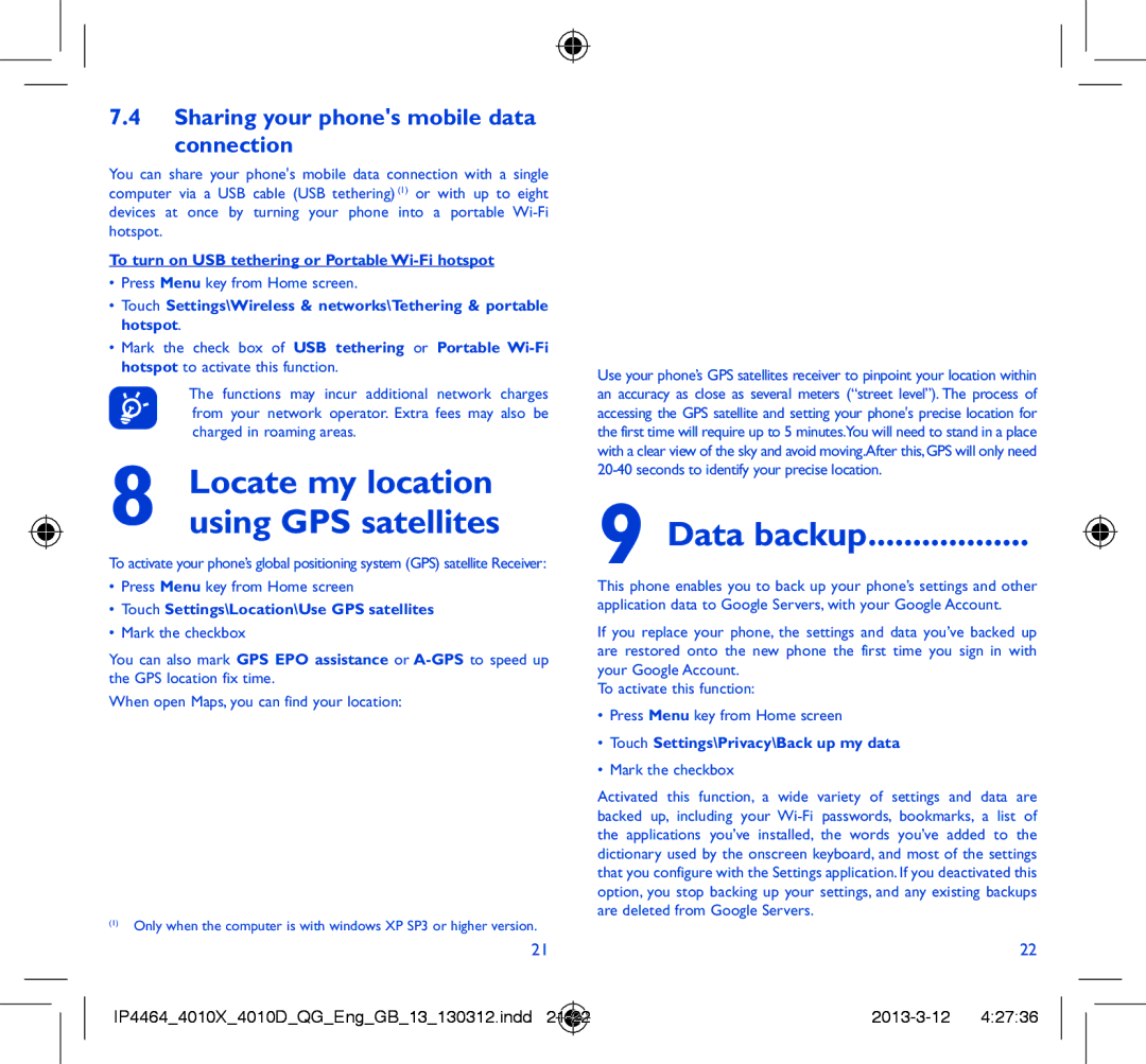 Alcatel 4010D Data backup, Sharing your phones mobile data Connection, To turn on USB tethering or Portable Wi-Fi hotspot 