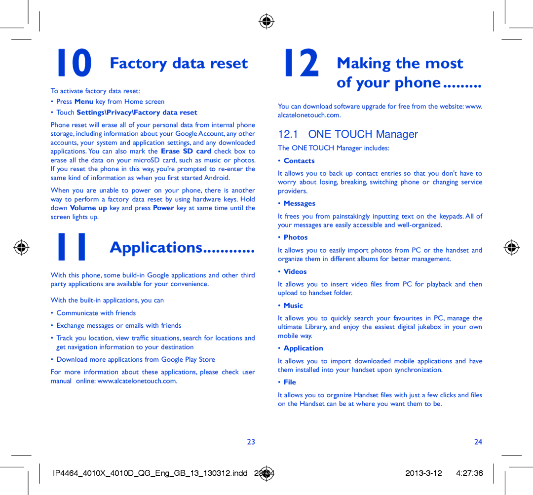 Alcatel 4010D manual Factory data reset, Applications, Making the most Your phone, ONE Touch Manager 