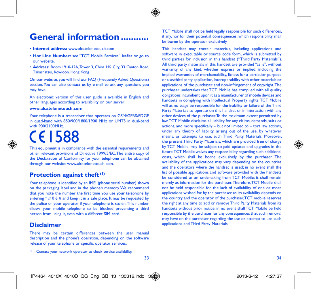 Alcatel 4010D manual General information, Protection against theft, Disclaimer 