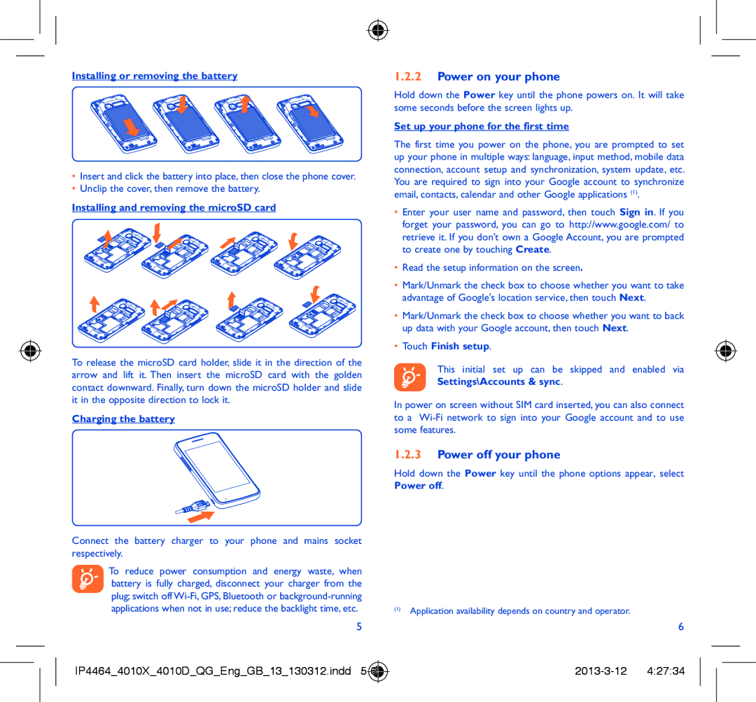 Alcatel 4010D manual Power on your phone, Power off your phone 