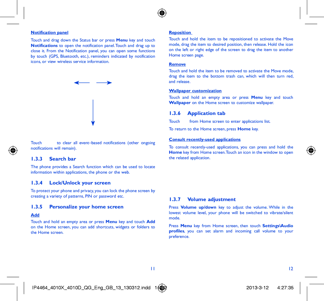 Alcatel 4010D manual Search bar, Lock/Unlock your screen, Personalize your home screen, Application tab, Volume adjustment 