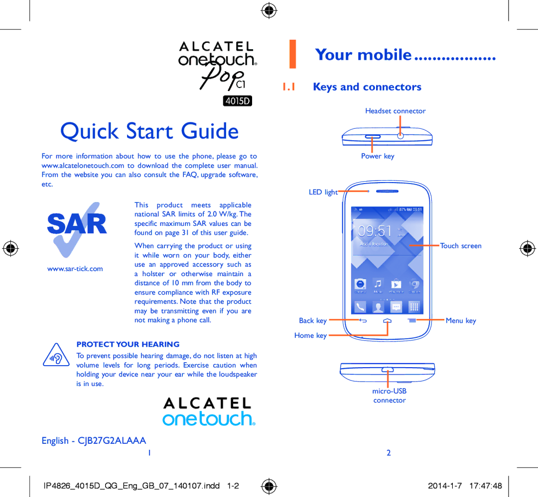 Alcatel 4015D manual Your mobile, Keys and connectors, Headset connector Power key LED light, Touch screen 