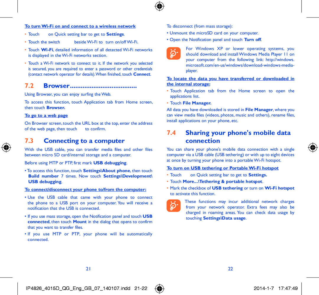Alcatel 4015D manual Browser, Connecting to a computer, Sharing your phones mobile data Connection 