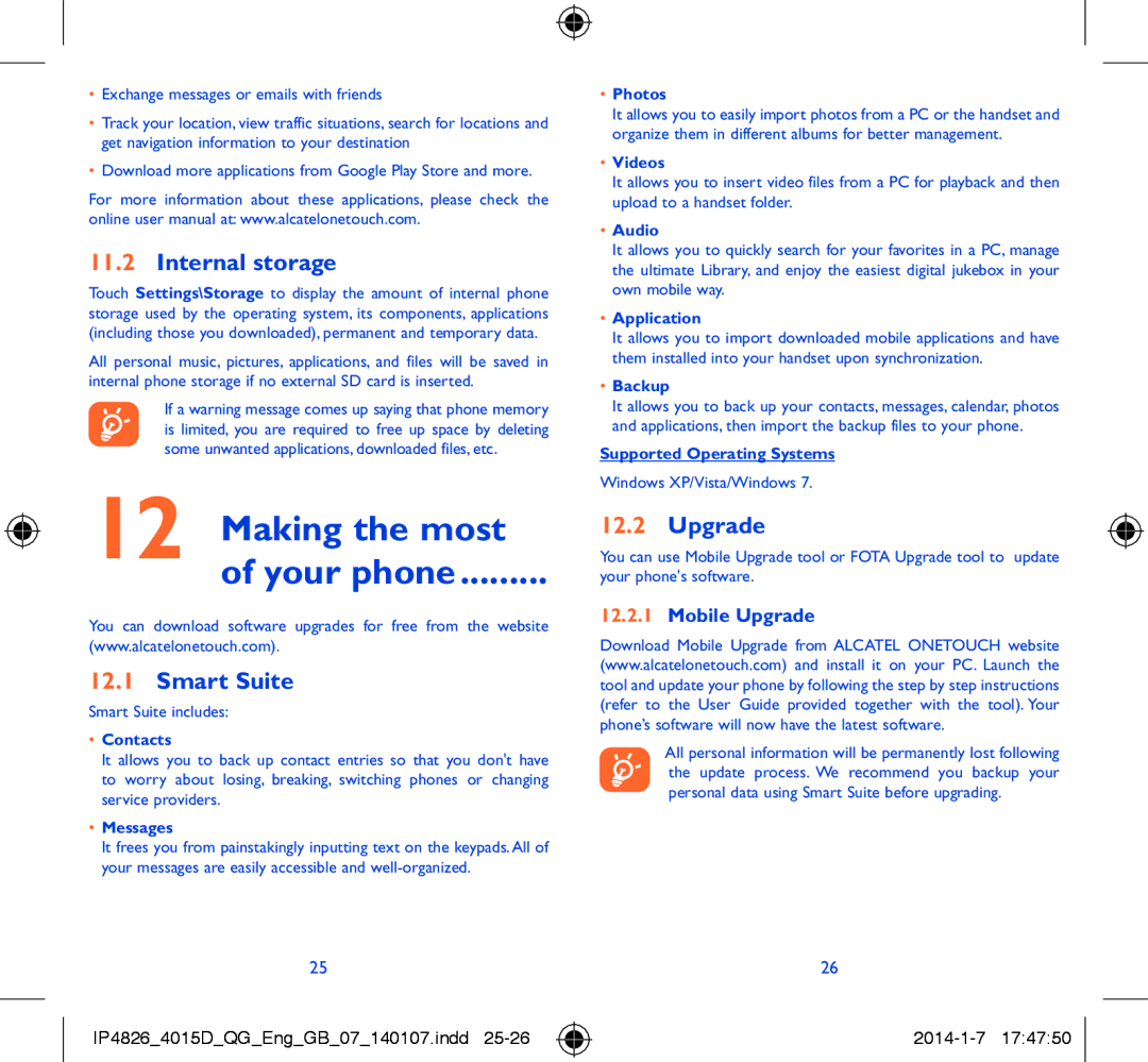 Alcatel 4015D manual Making the most Your phone, Internal storage, Smart Suite, Mobile Upgrade 