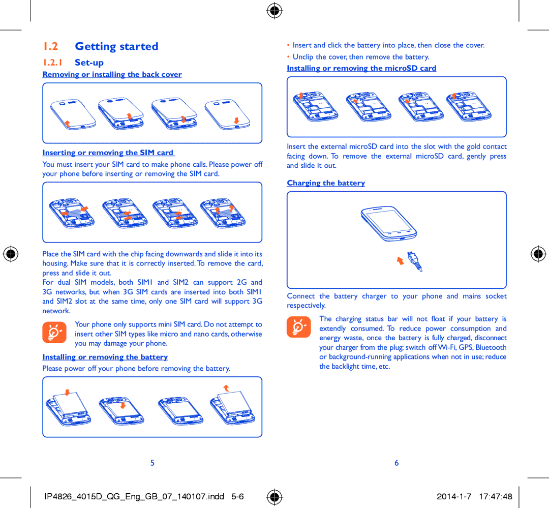 Alcatel 4015D manual Getting started, Set-up, Installing or removing the battery, Installing or removing the microSD card 