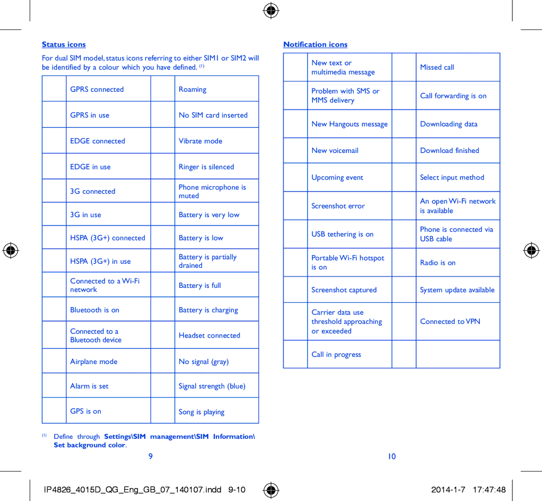 Alcatel 4015D manual Status icons, Notification icons, Downloading data, USB cable 