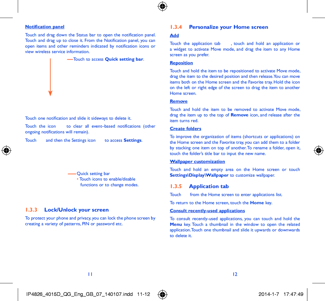 Alcatel 4015D manual Lock/Unlock your screen, Personalize your Home screen, Application tab 
