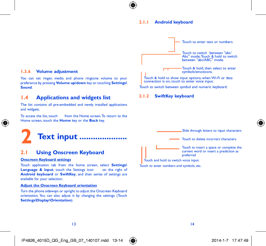 Alcatel 4015D manual Text input, Applications and widgets list, Using Onscreen Keyboard 