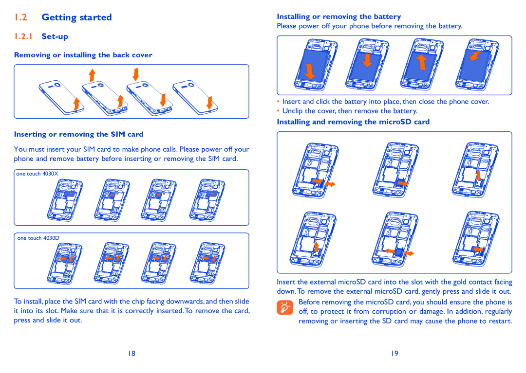 Alcatel 4030D manual Getting started, Set-up, Installing or removing the battery, Installing and removing the microSD card 