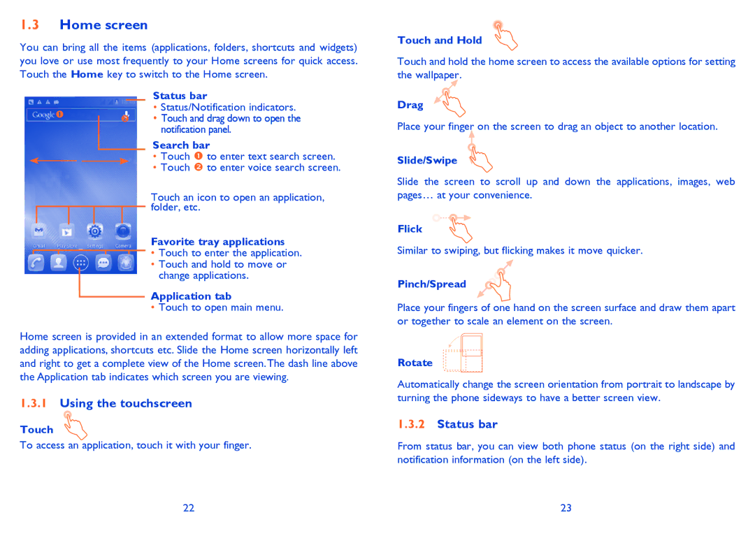 Alcatel 4030D manual Home screen, Using the touchscreen, Status bar 