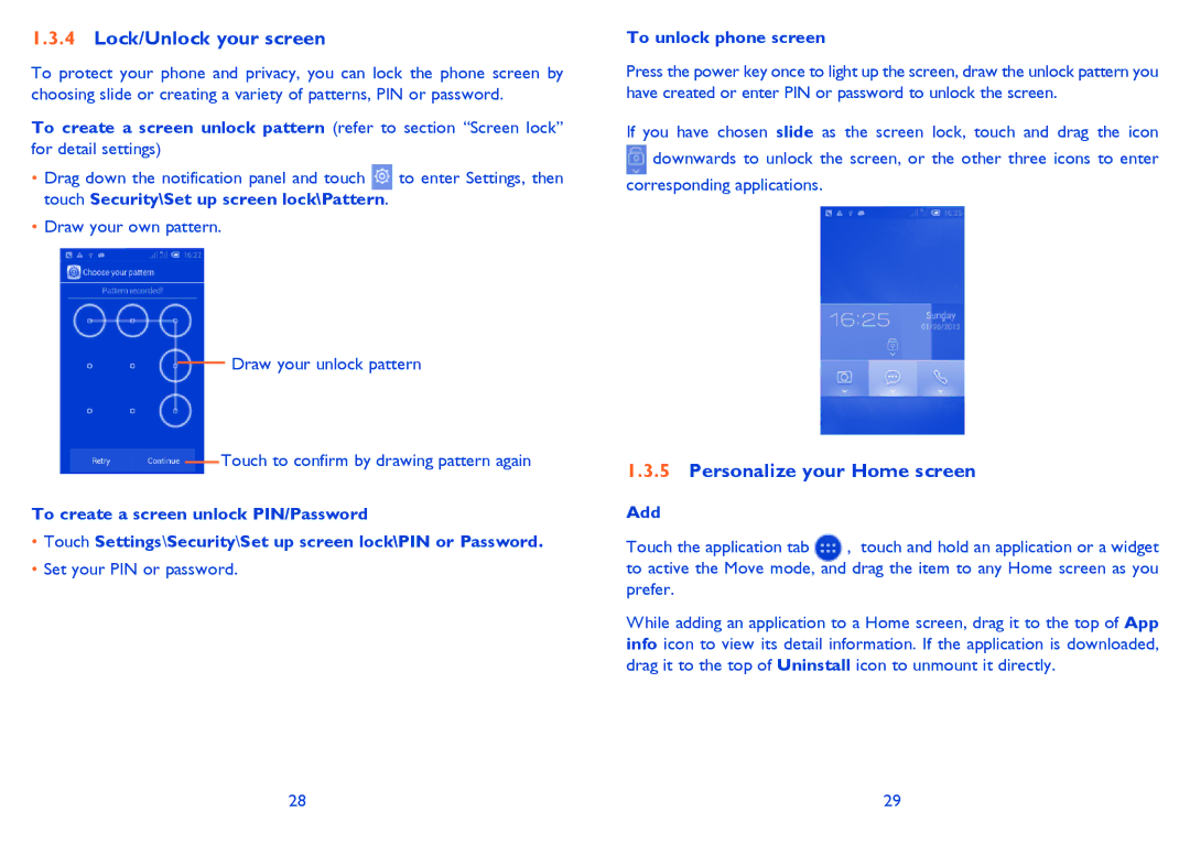 Alcatel 4030D manual Lock/Unlock your screen, Personalize your Home screen, To unlock phone screen, Add 