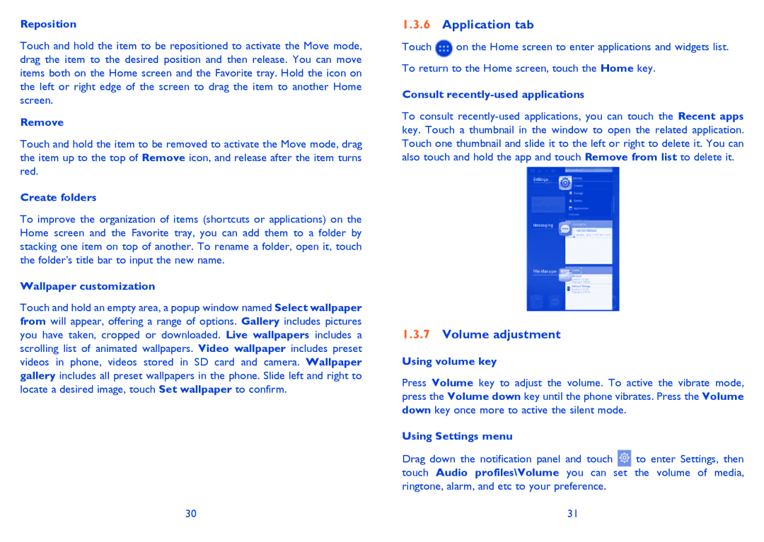 Alcatel 4030D manual Application tab, Volume adjustment 