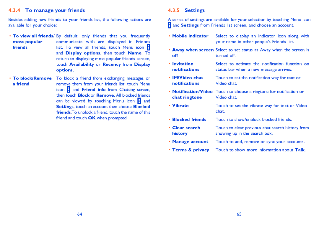 Alcatel 4030D manual To manage your friends, Settings 