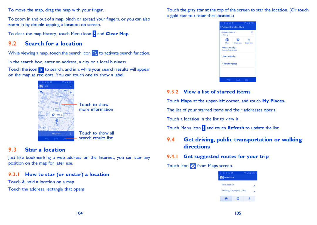 Alcatel 4030D manual Search for a location, Star a location, Get driving, public transportation or walking directions 