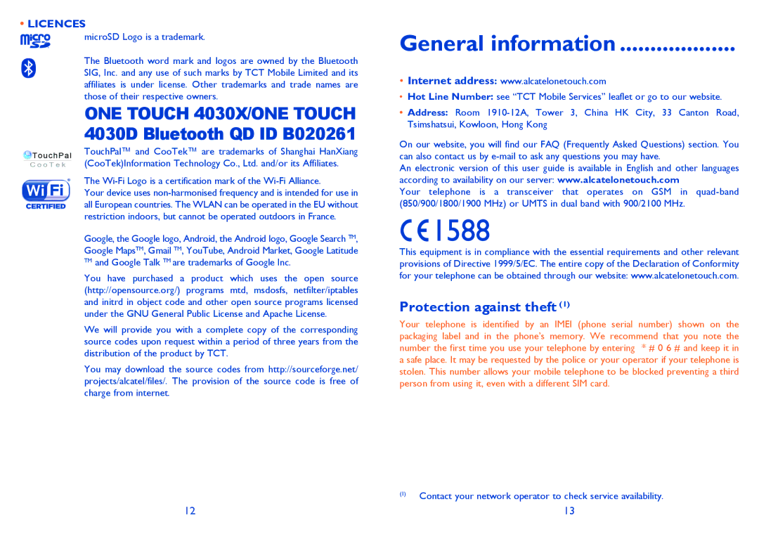 Alcatel 4030D manual General information, Protection against theft 