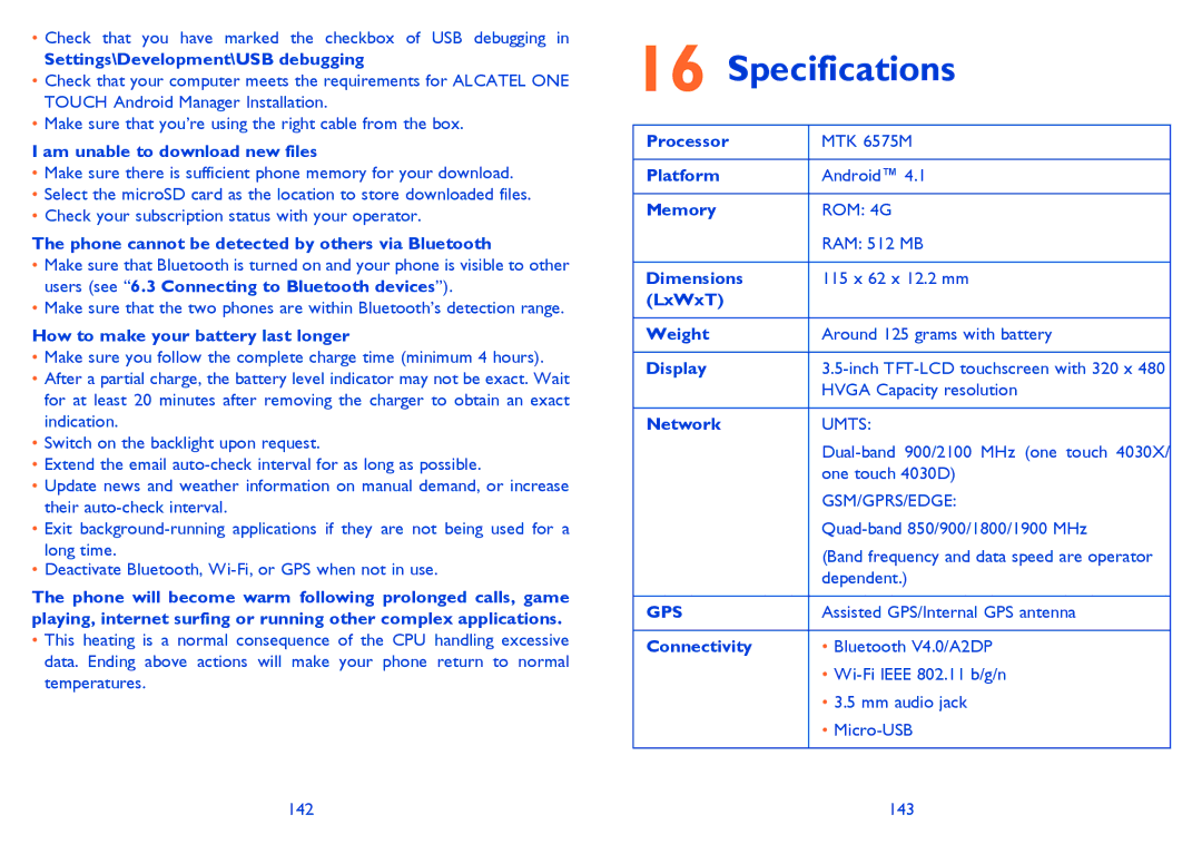 Alcatel 4030D manual Specifications 