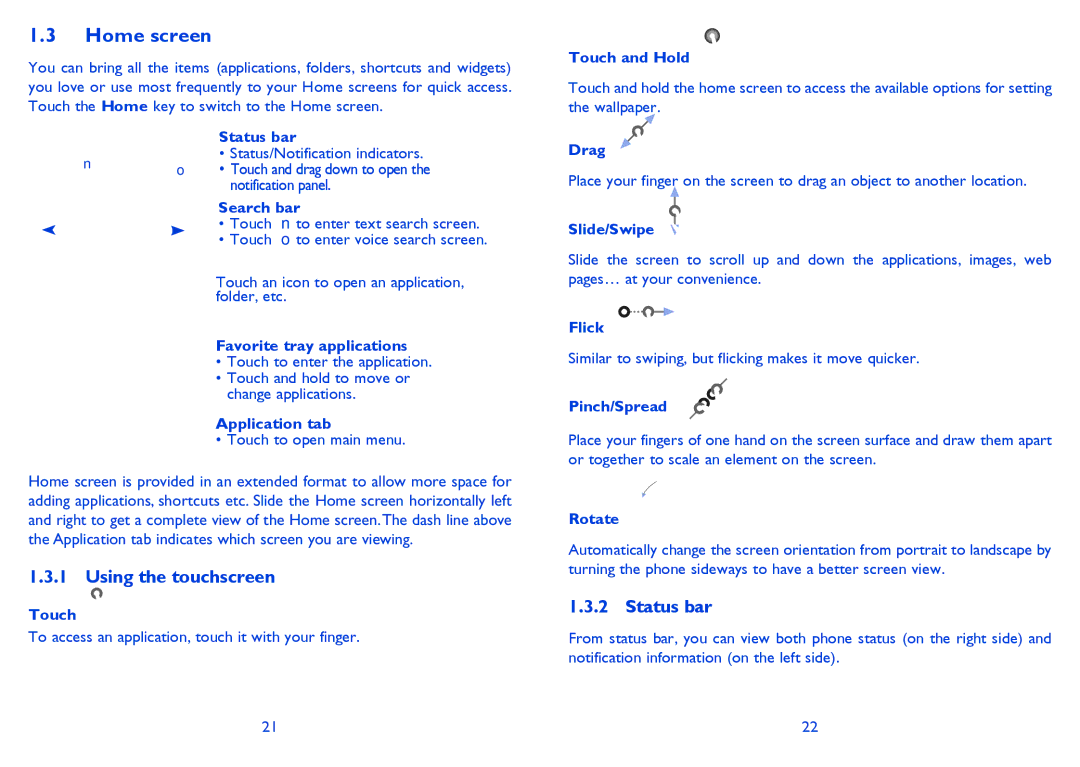 Alcatel 4030X manual Home screen, Using the touchscreen, Status bar 