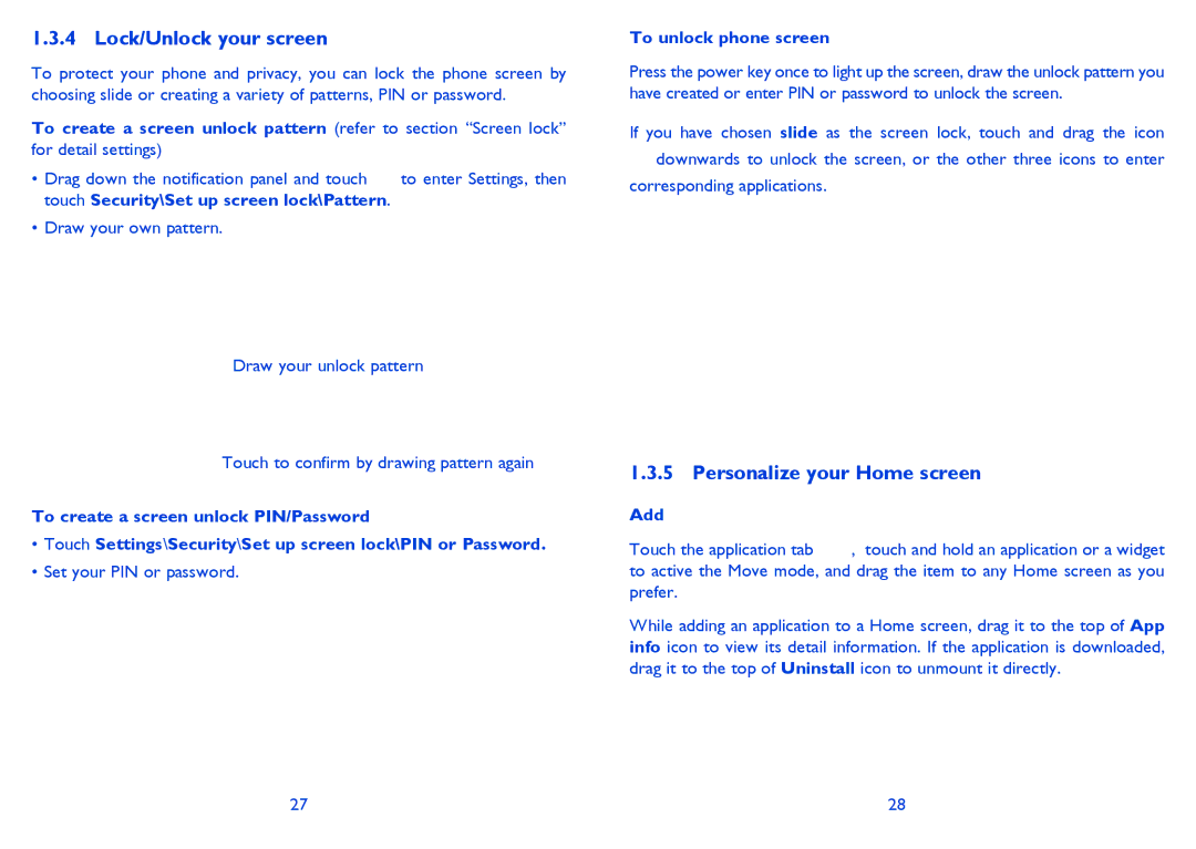 Alcatel 4030X manual Lock/Unlock your screen, Personalize your Home screen, To unlock phone screen, Add 