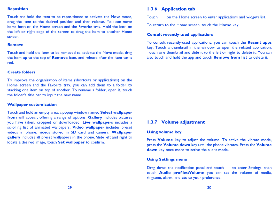 Alcatel 4030X manual Application tab, Volume adjustment 