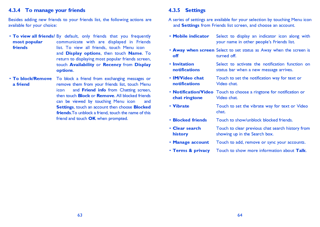 Alcatel 4030X manual To manage your friends, Settings 