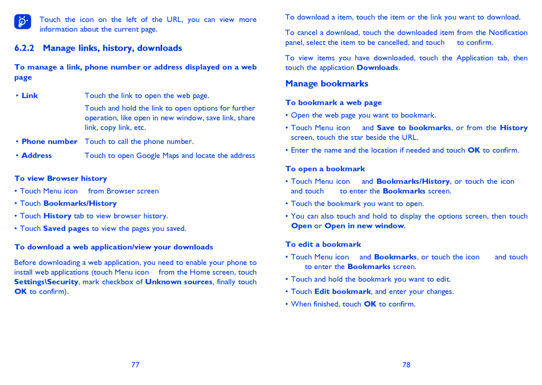 Alcatel 4030X manual Manage links, history, downloads, Manage bookmarks 