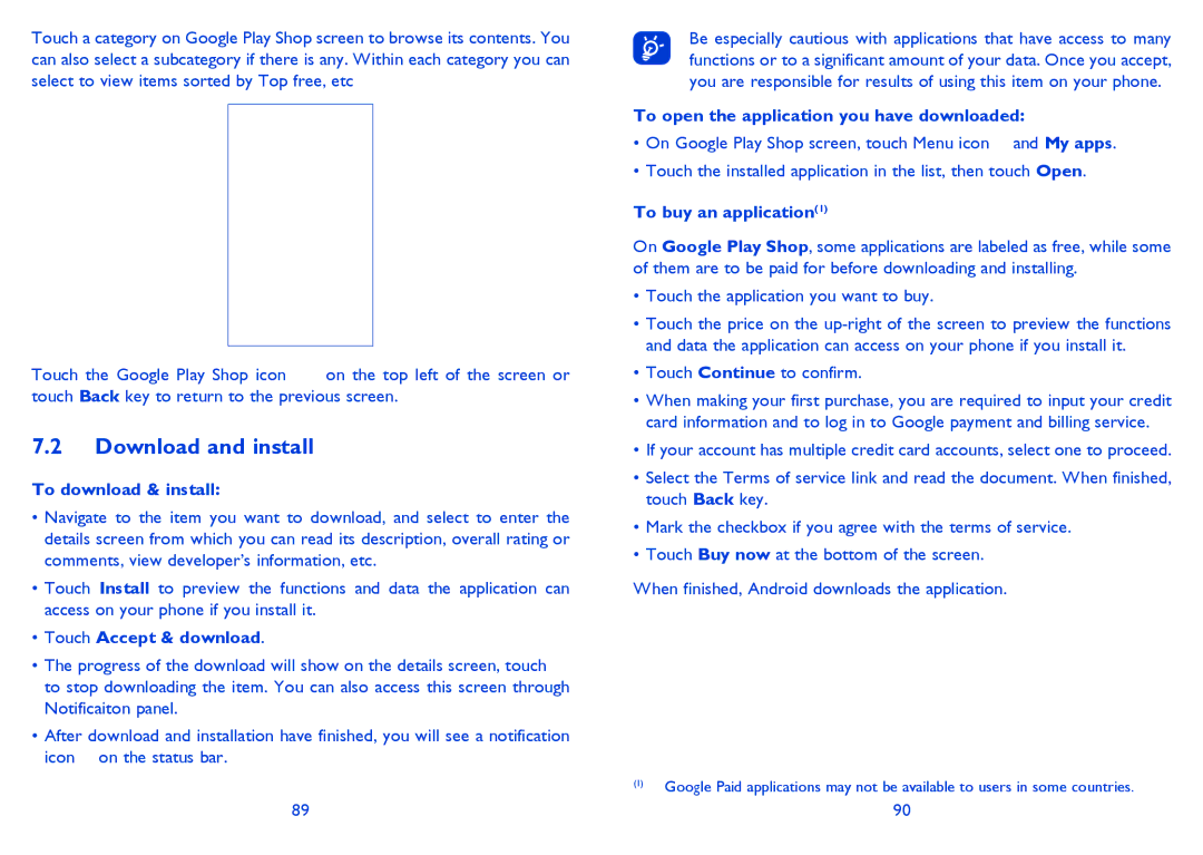Alcatel 4030X manual Download and install, To download & install, Touch Accept & download, To buy an application1 