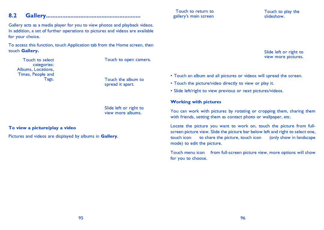 Alcatel 4030X manual Touch Gallery, To view a picture/play a video, Working with pictures 