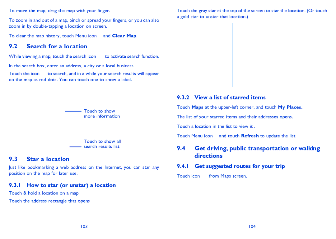 Alcatel 4030X manual Search for a location, Star a location, Get driving, public transportation or walking directions 