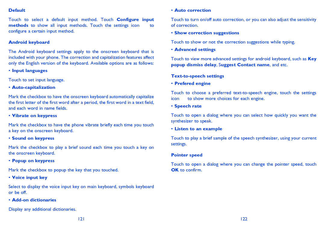 Alcatel 4030X Android keyboard, Input languages, Auto-capitalization, Vibrate on keypress, Sound on keypress, Speech rate 