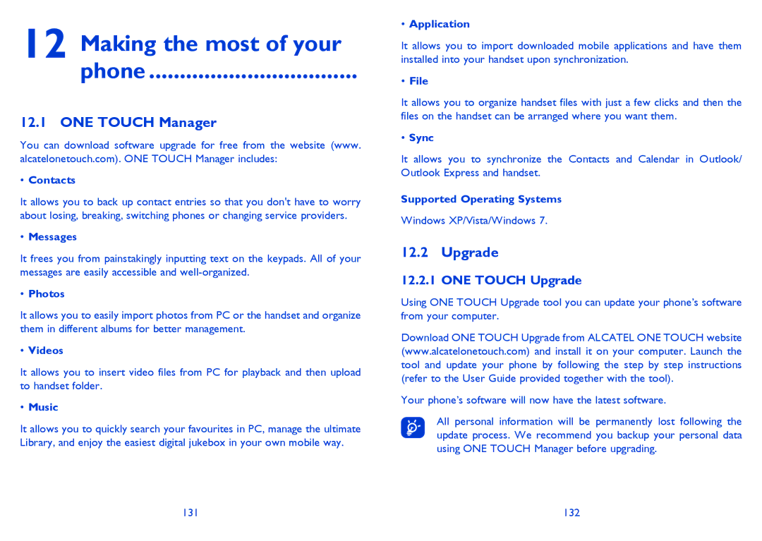 Alcatel 4030X manual Making the most of your Phone, ONE Touch Manager, ONE Touch Upgrade 