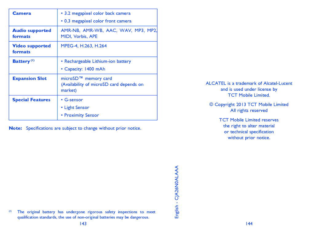 Alcatel 4030X manual Camera, Audio supported, Video supported, Formats Battery, Expansion Slot, Special Features 