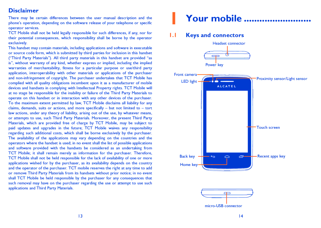 Alcatel 4030X manual Your mobile, Disclaimer, Keys and connectors 