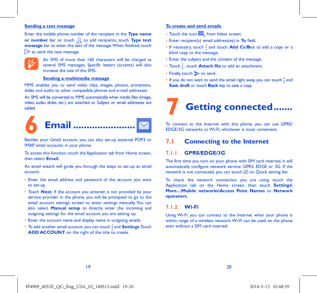 Alcatel 4032E manual Getting connected, Connecting to the Internet, GPRS/EDGE/3G, Wi-Fi 