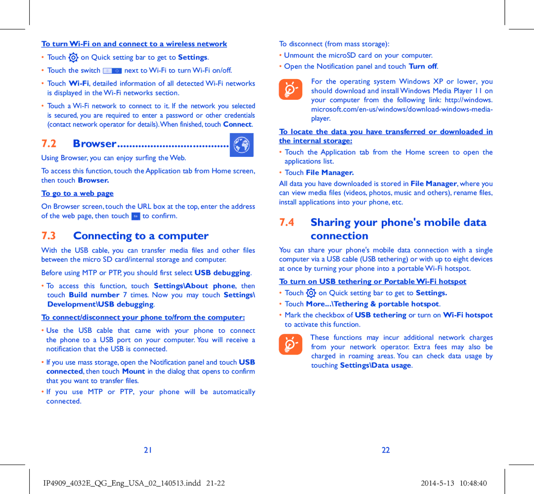 Alcatel 4032E manual Browser, Connecting to a computer, Sharing your phones mobile data Connection 