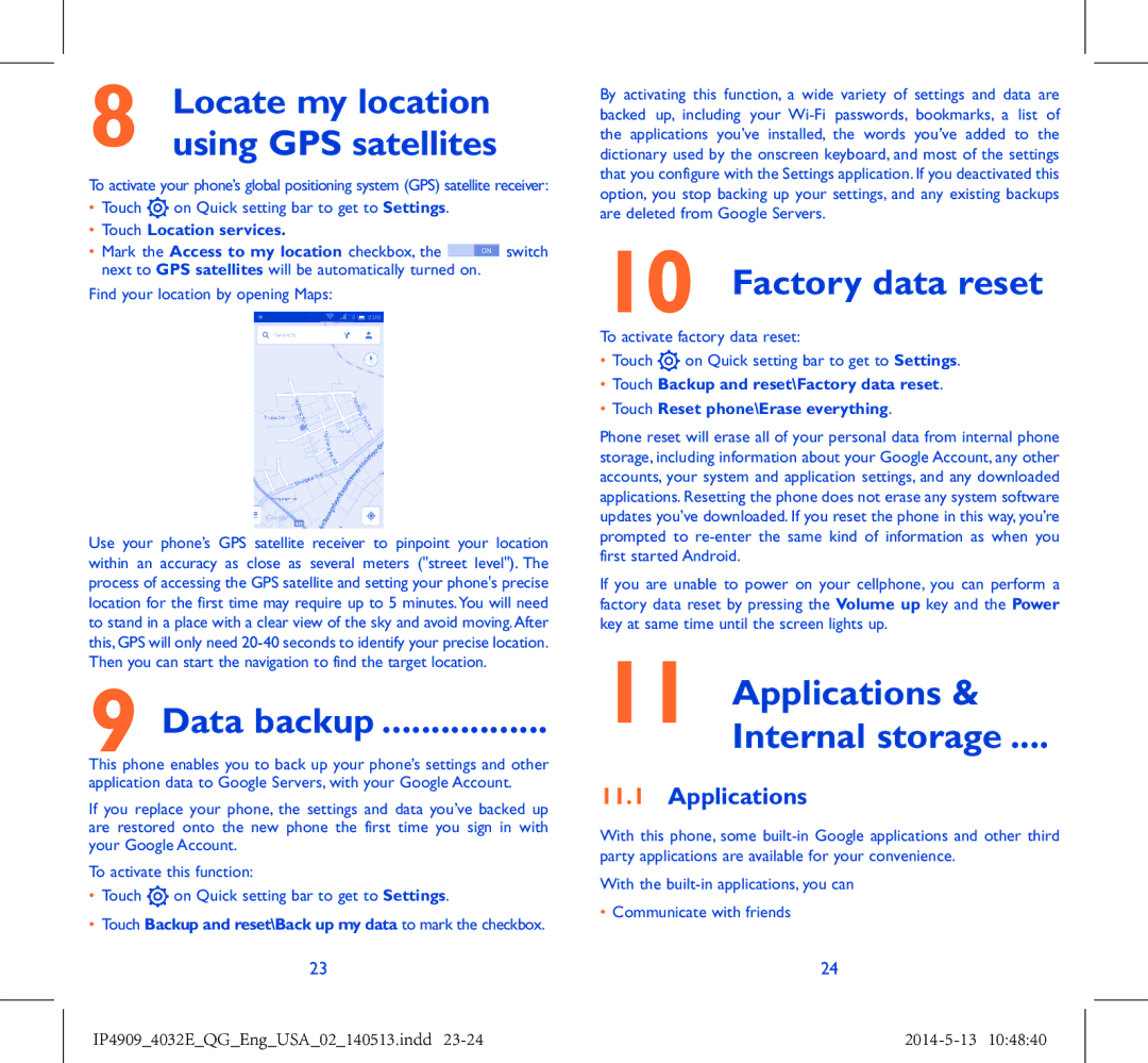 Alcatel 4032E manual Data backup, Factory data reset, Applications Internal storage 