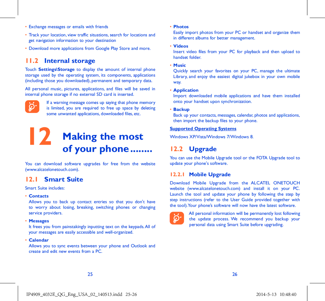 Alcatel 4032E manual Making the most Your phone, Internal storage, Smart Suite, Mobile Upgrade 