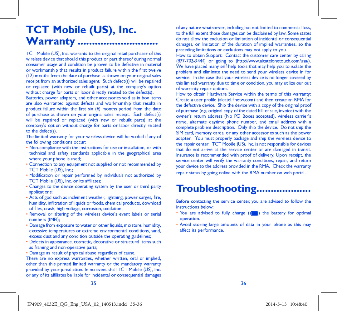 Alcatel 4032E manual TCT Mobile US, Inc Warranty, Troubleshooting 