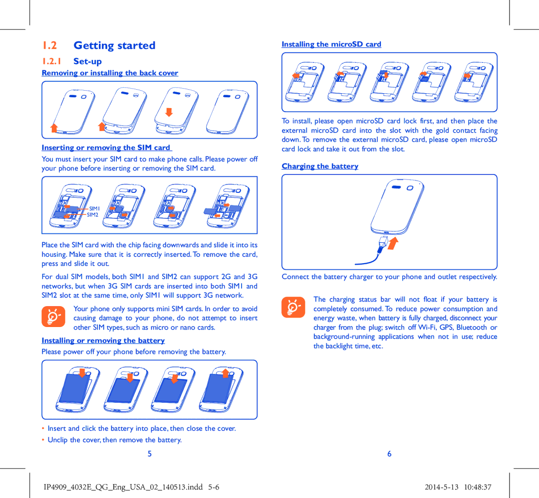 Alcatel 4032E manual Getting started, Set-up, Installing or removing the battery, Installing the microSD card 