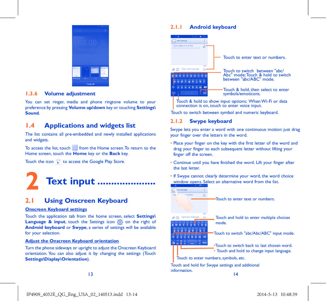 Alcatel 4032E manual Text input, Applications and widgets list, Using Onscreen Keyboard 